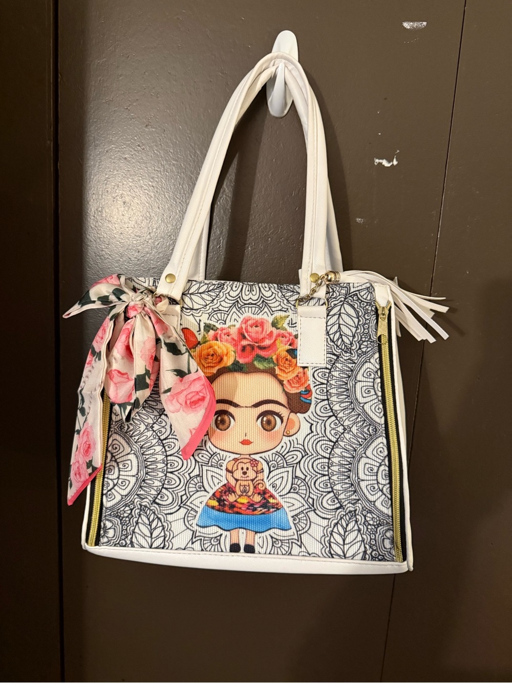 White Floral-Frida Illustration Tote with Scarf Accent